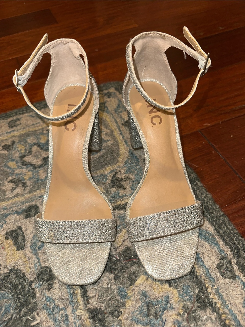 INC International Concepts Silver Crystal Ankle-Strap Block Heels